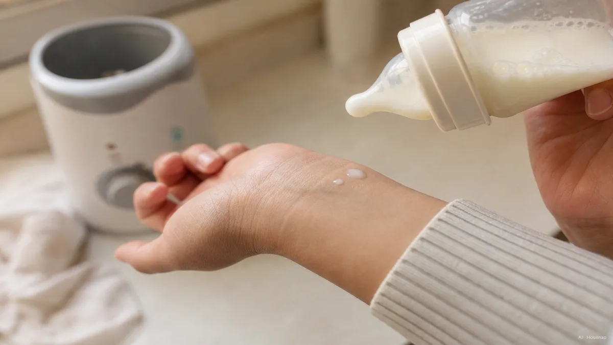 Image: a close-up of a parent's hand testing warmed milk with a few drops on the inner wrist, a bottle warmer softly blurred in the background, warm domestic lighting — AI illustration