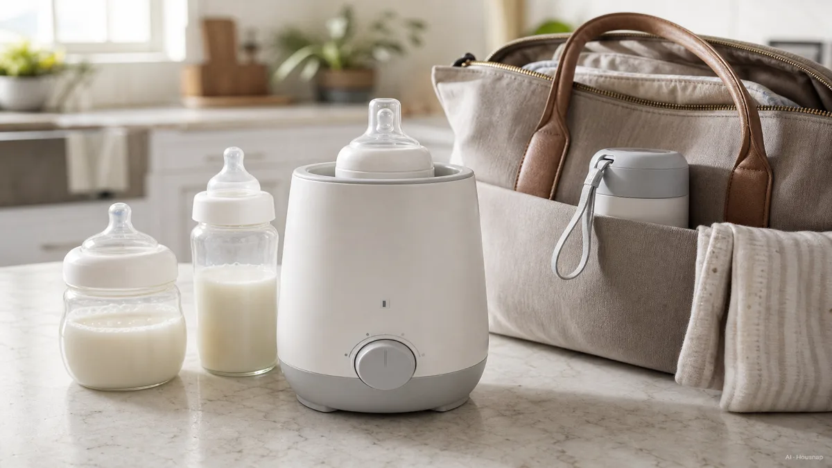 Image: a bottle warmer on a kitchen counter with both a wide-neck and a narrow-neck baby bottle set beside it to show fit, a diaper bag with a small travel warmer visible nearby, bright daylight — AI illustration