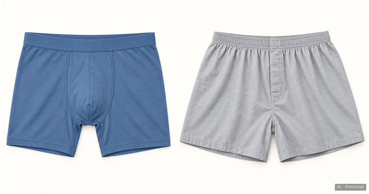 Illustration of narrow-leg boxer briefs beside wider-leg loose boxers, both laid flat. — Illustrazione IA