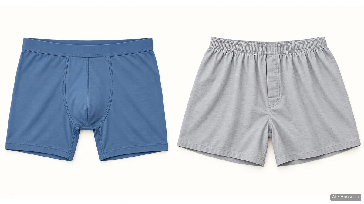 Illustration of narrow-leg boxer briefs beside wider-leg loose boxers, both laid flat. — Illustrazione IA
