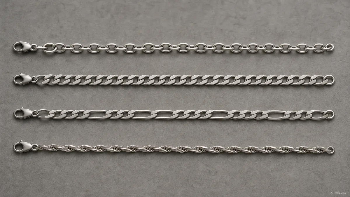 Image: four bracelet chain link styles, cable, curb, figaro, and rope, laid out in a row on a neutral surface for close comparison, soft studio lighting