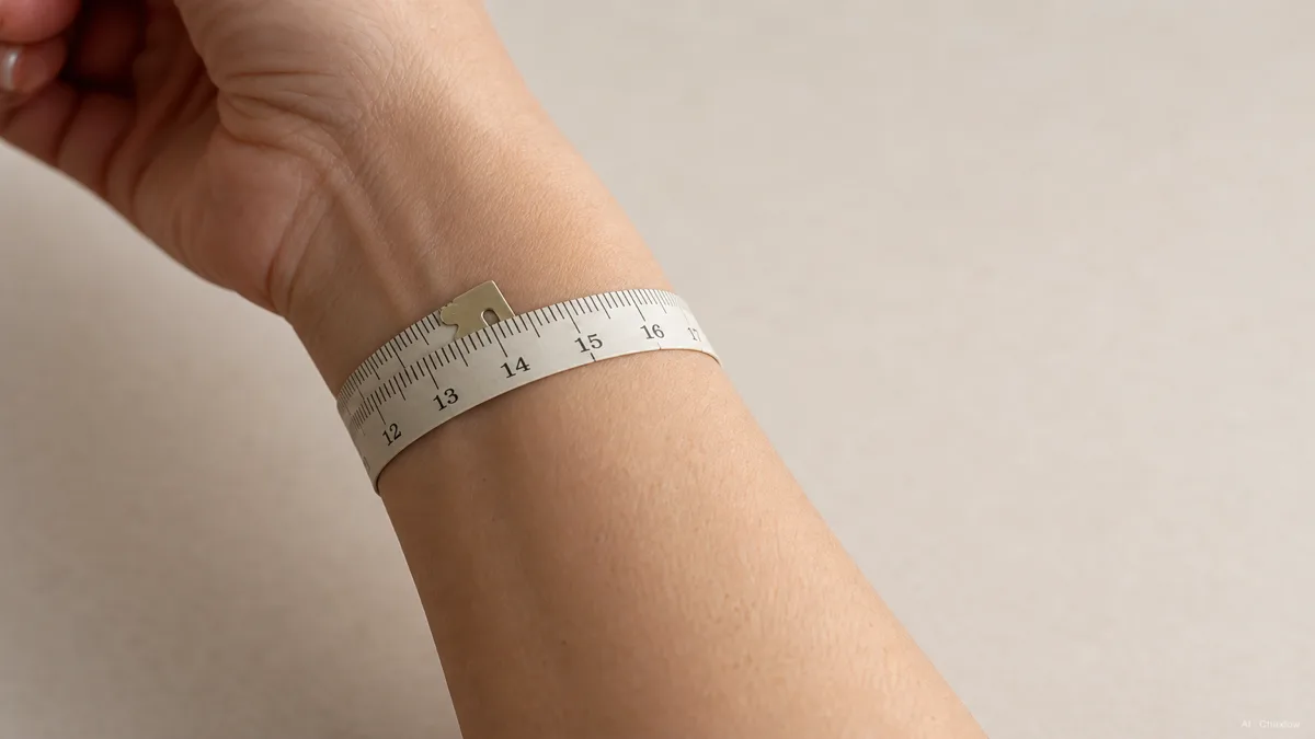 Image: a wrist next to a soft measuring tape wrapped once around it, showing a bracelet-sizing measurement, plain neutral background, natural light