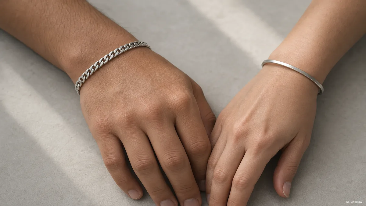 Image: two hands, one wearing a simple cuff bracelet and the other wearing a curb chain bracelet, resting side by side on a neutral surface, soft natural light