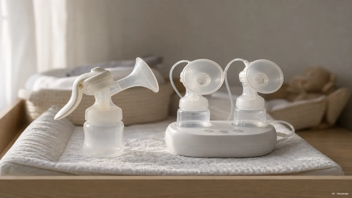 Image: a manual hand-lever breast pump and a double electric breast pump with two flanges sitting side by side on a soft-lit changing table, no branding visible — Illustration IA