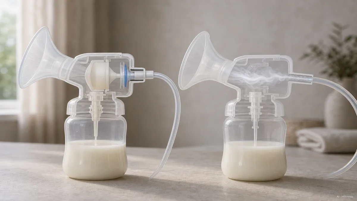 Image: a cutaway illustration comparing a closed-system pump with a sealed valve barrier against an open-system pump where milk vapor drifts toward the tubing, clean and diagrammatic, no branding visible — Illustration IA