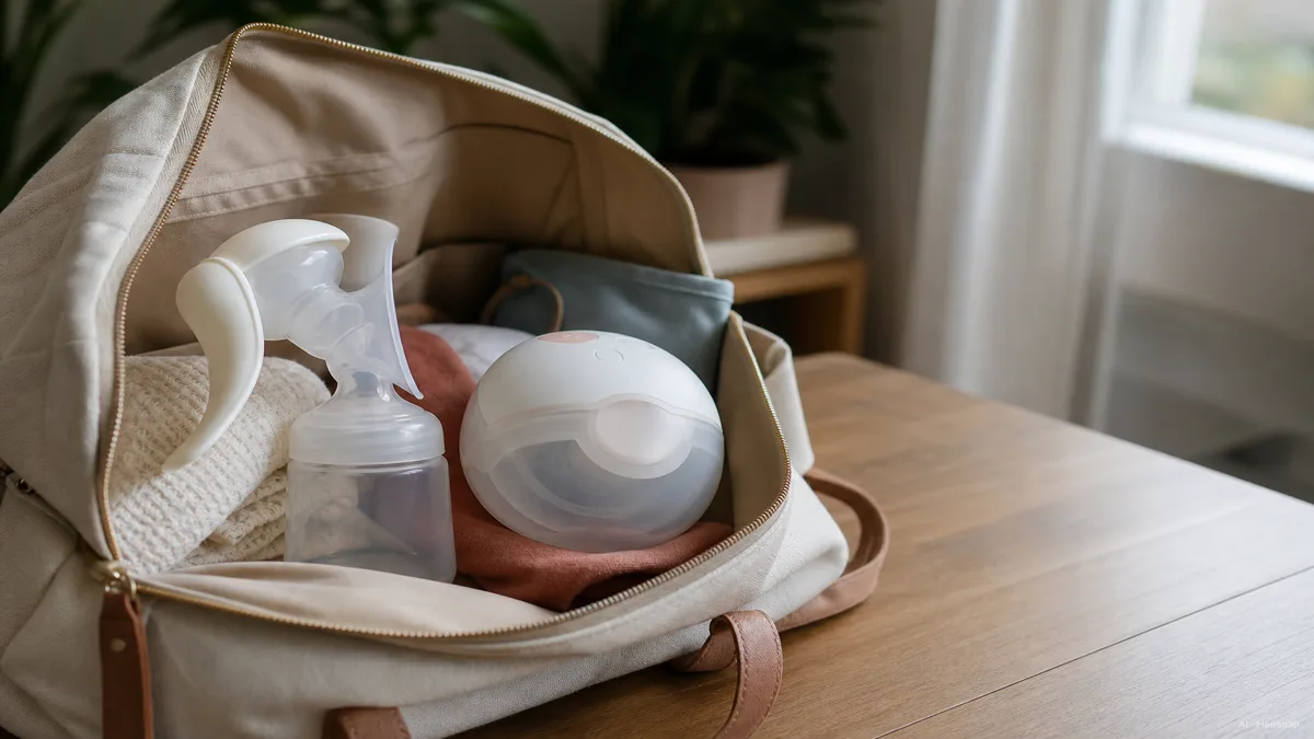 Image: a parent's diaper bag open on a table holding a compact manual pump and a wearable electric pump pod, calm daylight, no branding visible — Illustration IA
