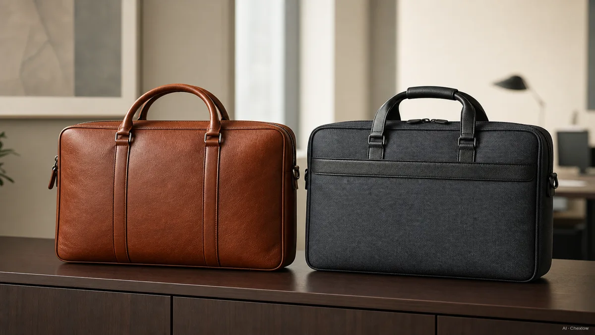 Image: A structured full-grain leather briefcase and a ballistic nylon briefcase standing upright side by side on an office credenza, no visible brand marks, soft daylight