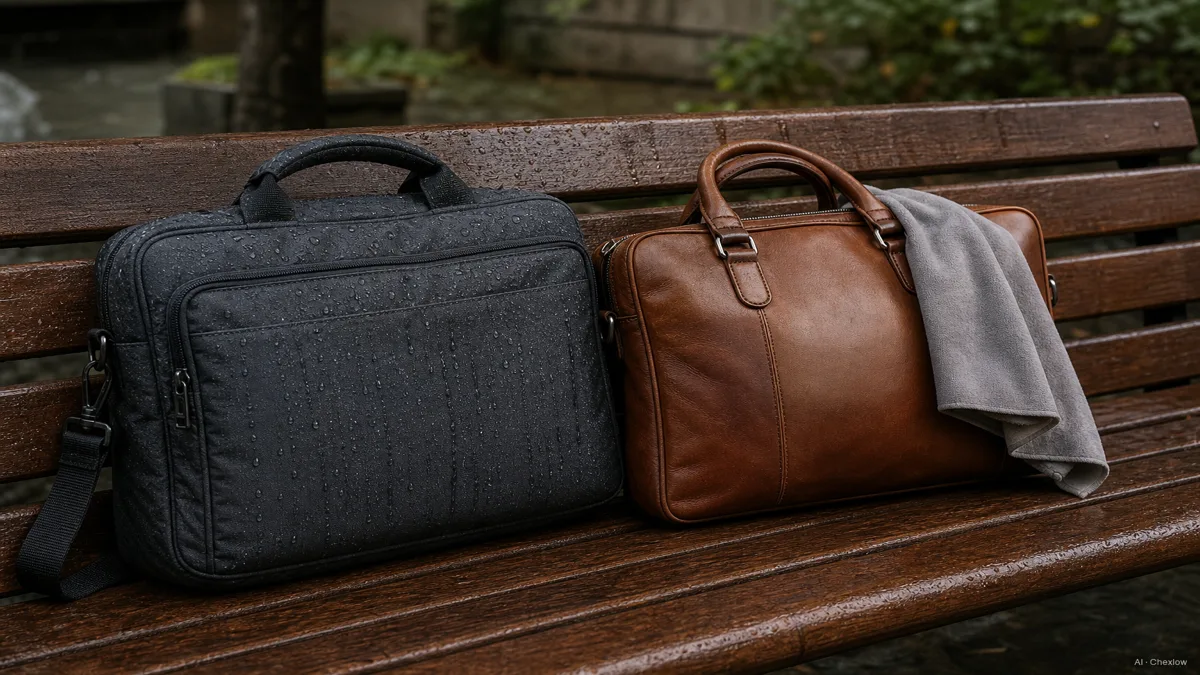 Image: A nylon briefcase shedding rain in beaded droplets next to a leather briefcase being wiped dry with a soft cloth, on a wooden bench, no brand logos