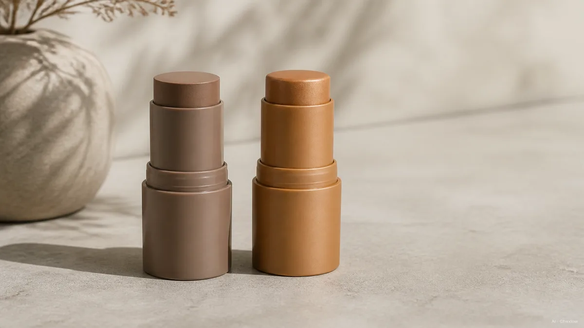 Image: A matte taupe-toned contour stick standing beside a warm golden bronzer stick on a clean neutral surface, soft studio light showing the visible color-temperature contrast between the two, no labels or logos