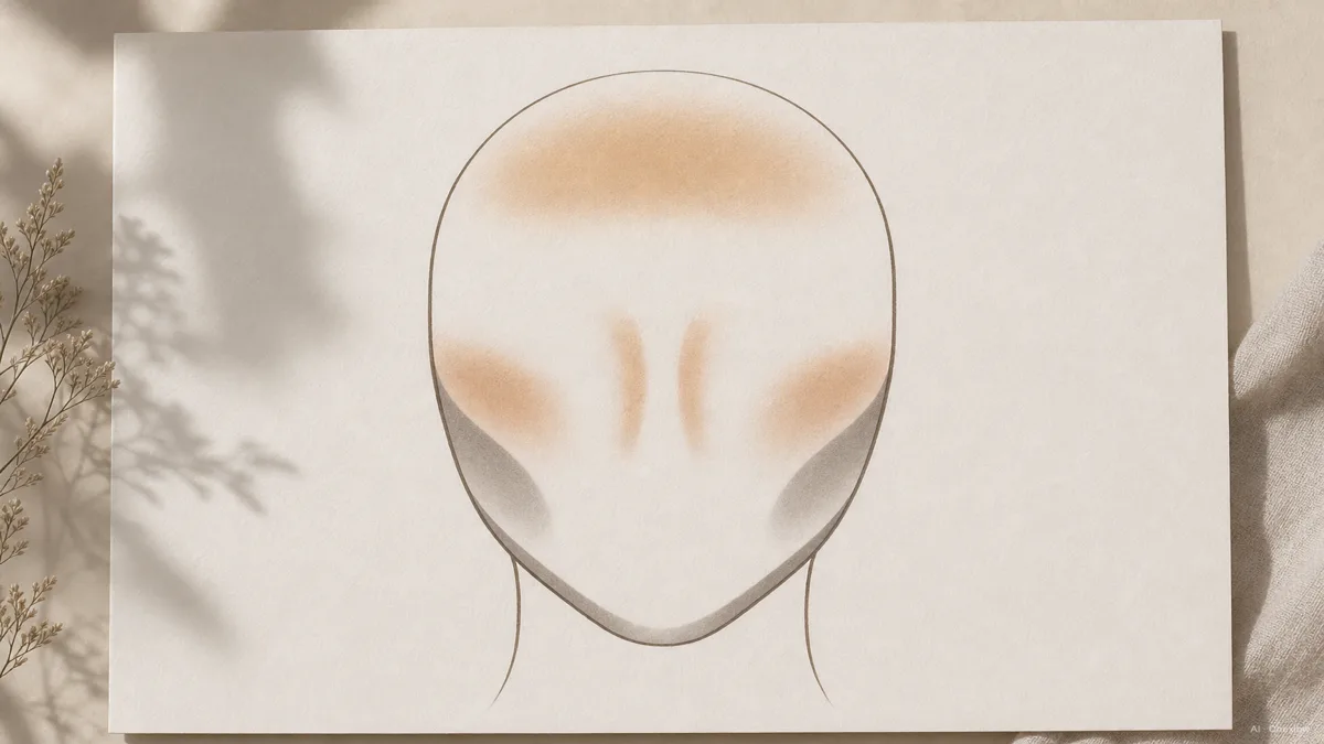 Image: A simple face-map illustration showing warm bronzer zones highlighted on the forehead, nose, and cheeks, and cool contour zones highlighted in the hollows of the cheeks and along the jawline, flat editorial style, no real face or brand marks