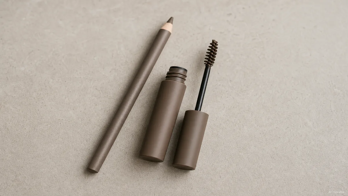 Image: Close-up flat lay of a brow pencil and a small tube of tinted brow gel with its spoolie wand, resting side by side on a clean neutral vanity surface, soft even lighting, no visible brand marks
