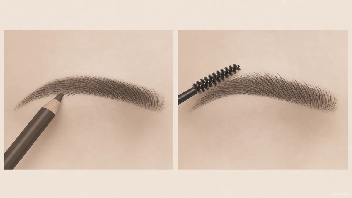 Image: Simple step-by-step beauty editorial illustration showing a brow being filled with short pencil strokes in the first frame and then brushed upward and outward with a spoolie in the second frame, flat neutral illustration style, no readable text or brand marks