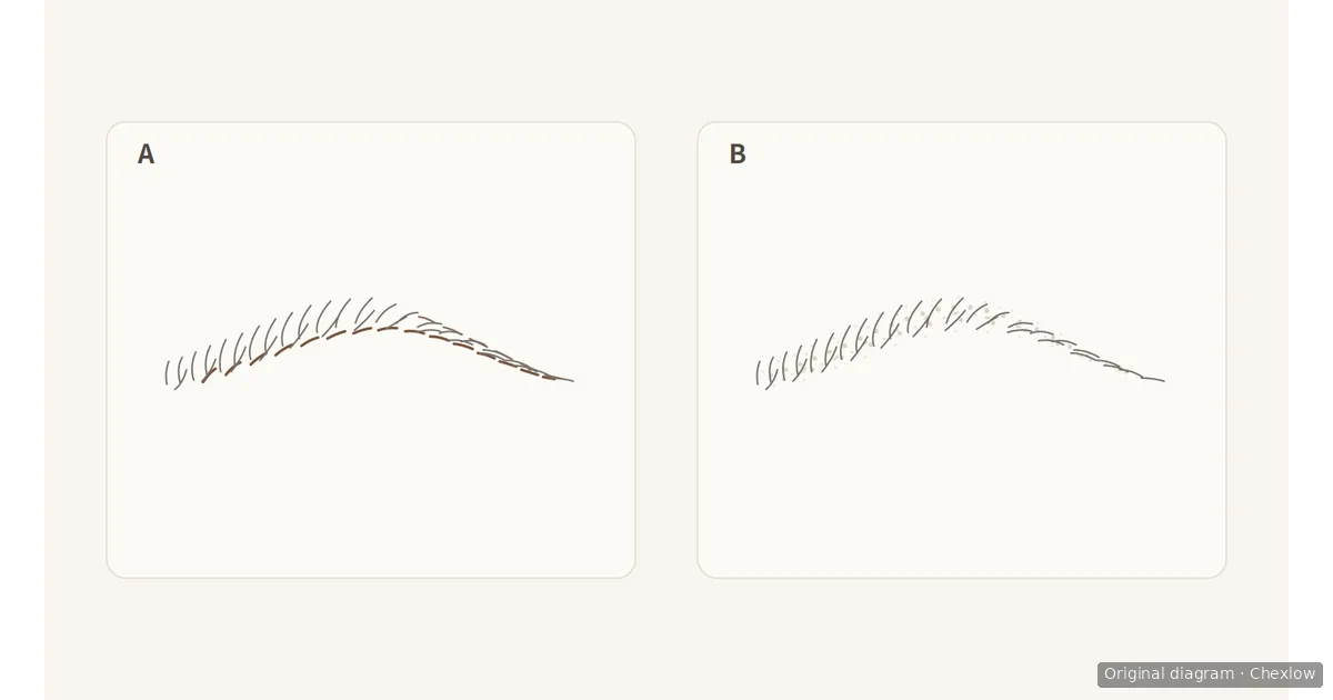 Side-by-side brow diagrams compare distinct strokes around an arch and tail with soft shading between brow hairs.