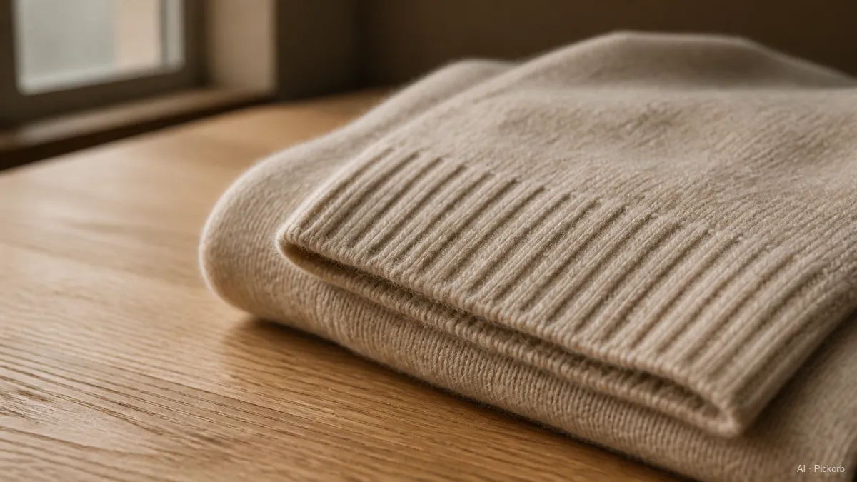 Primo piano di maglia in cashmere color avena piegata, con polsino a coste su rovere opaco in calda luce naturale (illustrazione generata dall'IA)