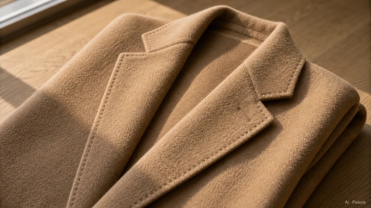 Primo piano di un cappotto cammello in lana double face piegato, con rever con tacca e cuciture tono su tono su rovere opaco (illustrazione generata dall'IA)