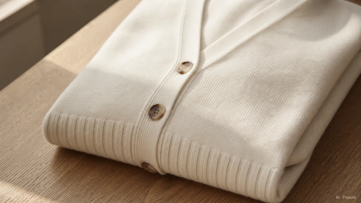 Primo piano di un cardigan in cashmere crema piegato, con bottoni tono corno e fondo a coste su rovere opaco in luce naturale (illustrazione generata dall'IA)