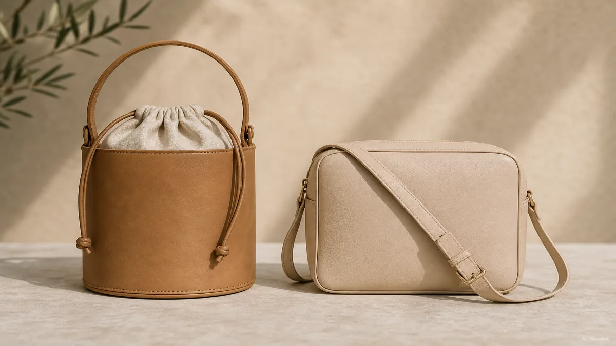A rounded, cylindrical bucket bag with a drawstring top standing upright next to a compact crossbody bag with a long diagonal strap, both on a pale surface in soft daylight (AI generated illustration)