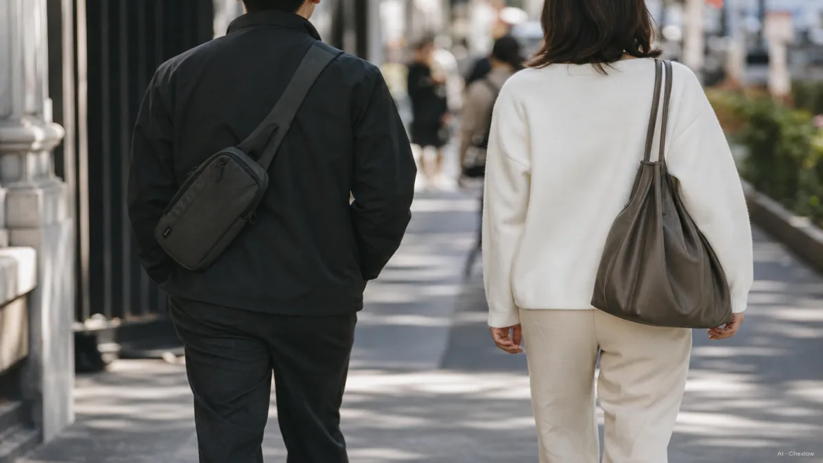 A person commuting with a compact crossbody bag worn diagonally next to another person carrying a soft, roomy bucket bag on the shoulder, both walking on a city sidewalk in daylight (AI generated illustration)