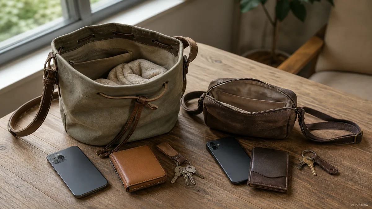 Two open bags side by side on a table, a rounded bucket bag showing its roomy interior and a compact crossbody bag showing its smaller footprint, styled with a phone, wallet, and keys near each (AI generated illustration)