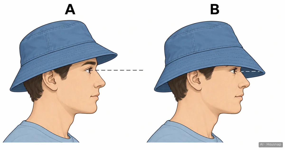 Two side profiles wearing bucket hats compare a brim above the forward eye line in A with a brim crossing it in B. — Ilustração IA
