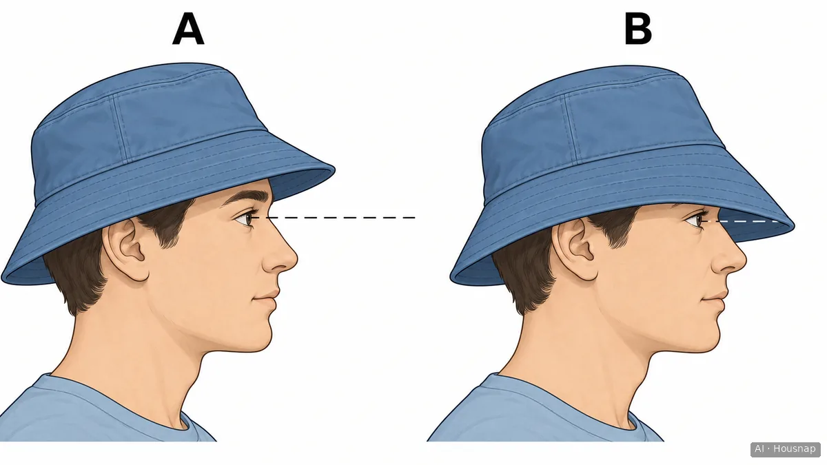 Two side profiles wearing bucket hats compare a brim above the forward eye line in A with a brim crossing it in B. — Ilustração IA