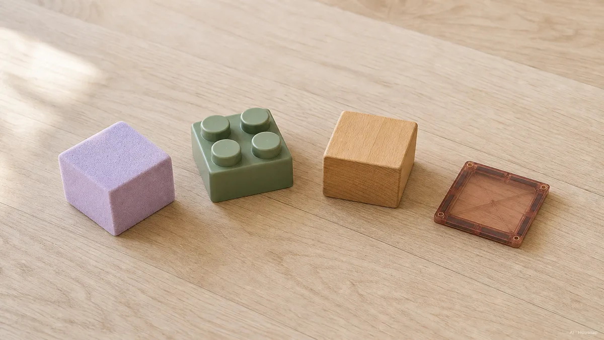 Image: four kinds of building blocks arranged in a soft arc on a light wood floor, a soft foam cube, a chunky plastic brick, a wooden unit block, and a single magnetic tile, no branding visible, warm daylight — Illustration IA