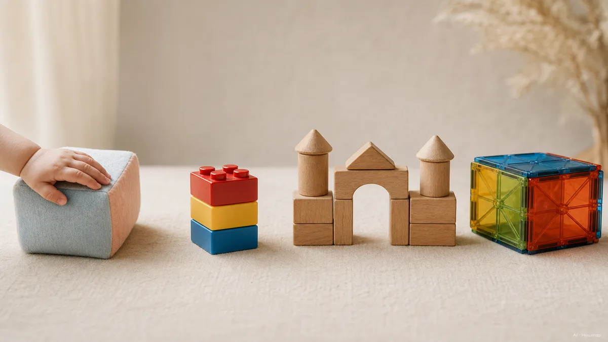 Image: a gentle visual timeline from left to right, a baby's hand on a soft block, a toddler's short tower of chunky bricks, a preschooler's wooden castle, a child's magnetic-tile cube, soft and educational — Illustration IA