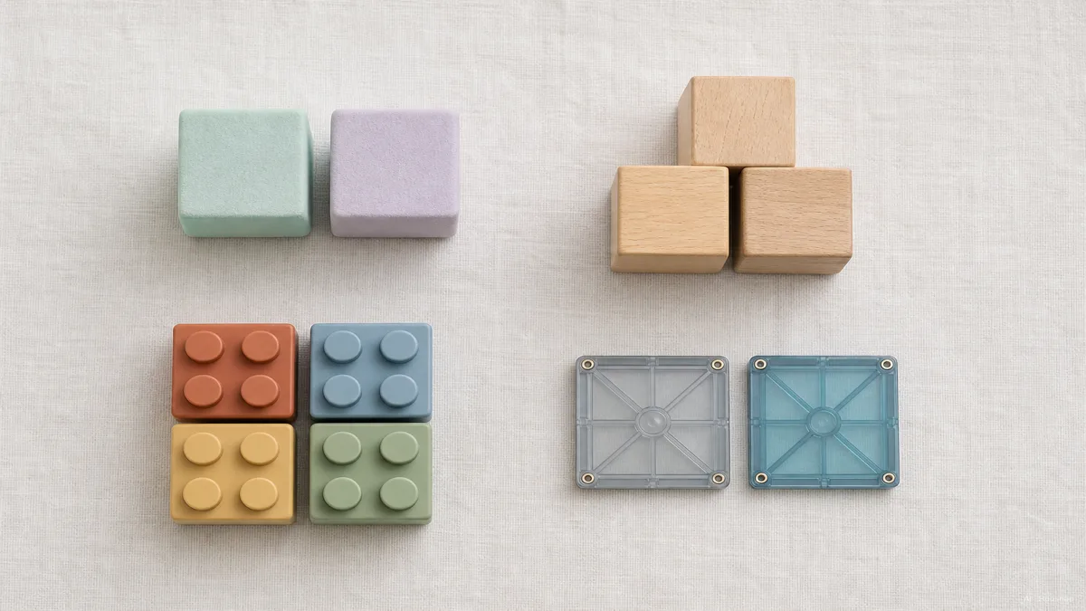 Image: a flat-lay comparison of the four materials in four soft groups, foam, wood, plastic bricks, magnetic tiles, each group small and tidy, neutral background, daylight — Illustration IA