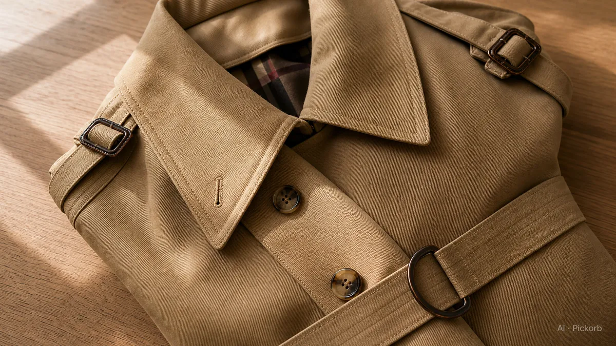 Close-up van een honingkleurige gabardine trenchcoat met kraag, epauletgesp, hoornachtige knopen en D-ringriemdetail op mat eikenhout in warm daglicht (AI-gegenereerde illustratie)