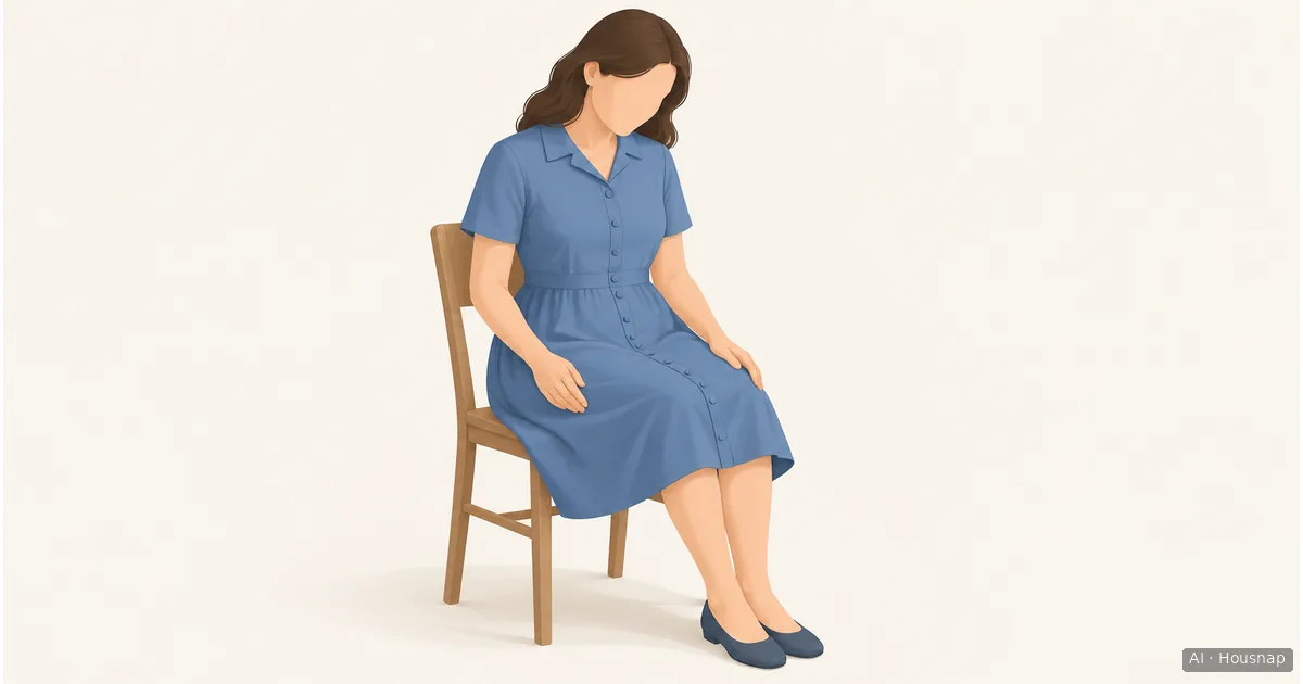 Illustration of an adult sitting on a plain chair in a button-front dress, looking down at the visible row of buttons across the torso and lap. — AI illustration