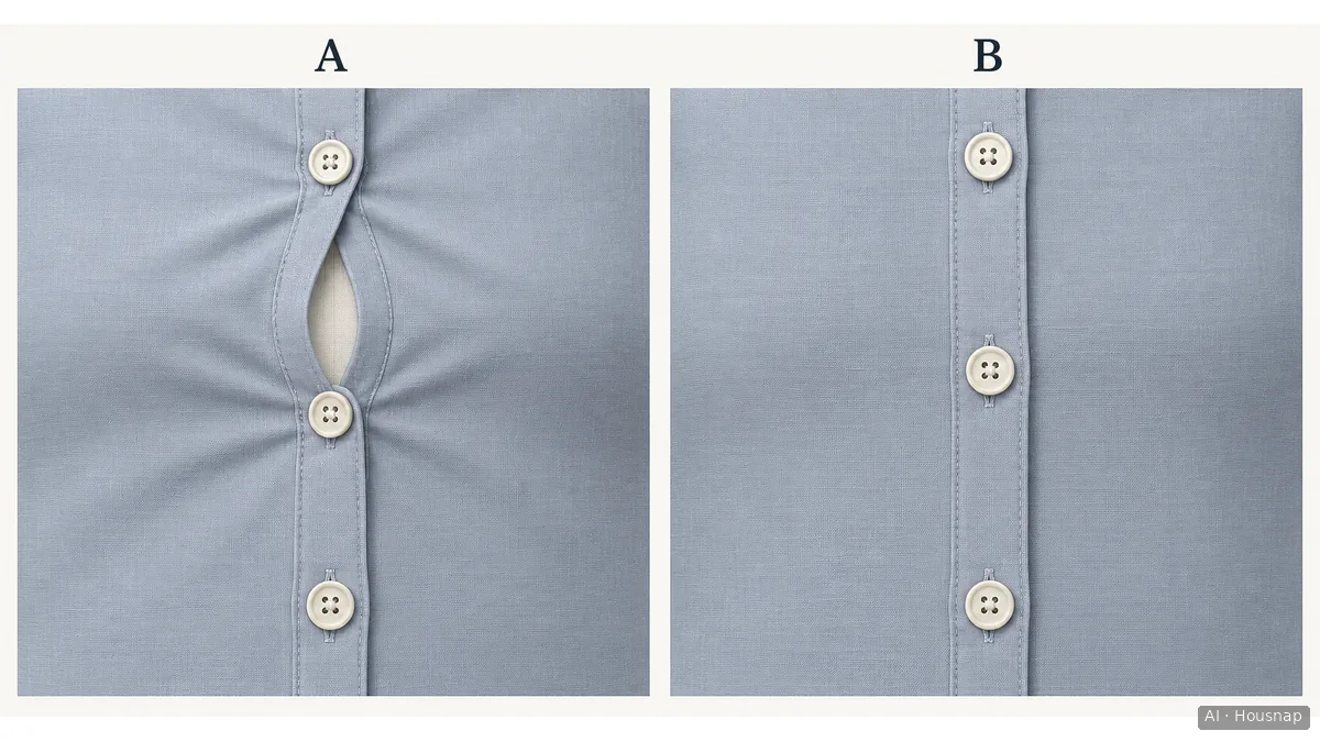Close-up illustrations of two buttoned dress fronts: A has a gap between buttons with outward pulling folds, while B has overlapping edges without a visible gap. — AI illustration