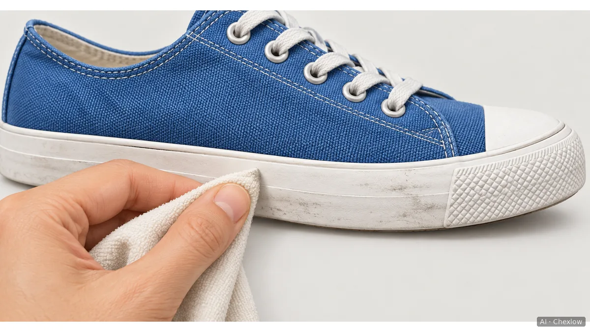 A hand holds a folded cloth against the white rubber sidewall of a blue canvas shoe, below the fabric boundary.