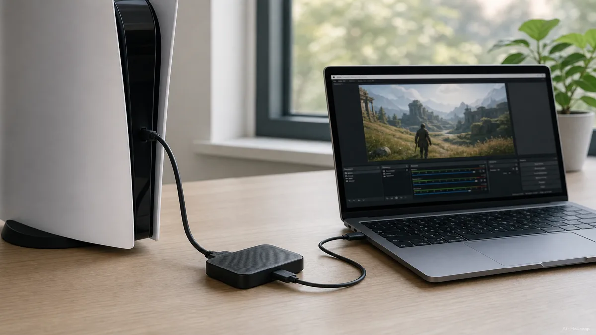Image: a PS5 connected via HDMI to a small external capture card, which connects via USB-C to a laptop showing OBS software with the console gameplay visible in the preview window — Illustration IA