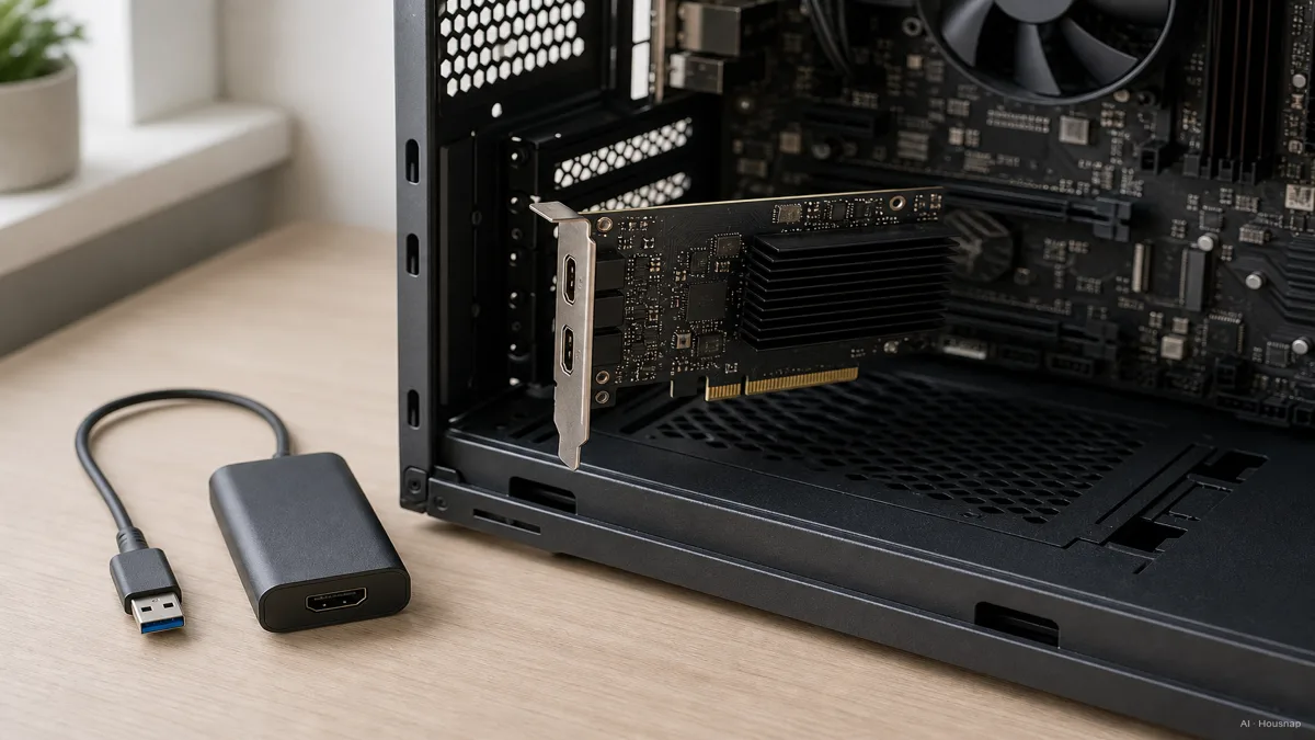 Image: side by side comparison of a small external USB capture card dongle next to an internal PCIe capture card being installed into a desktop computer's expansion slot — Illustration IA
