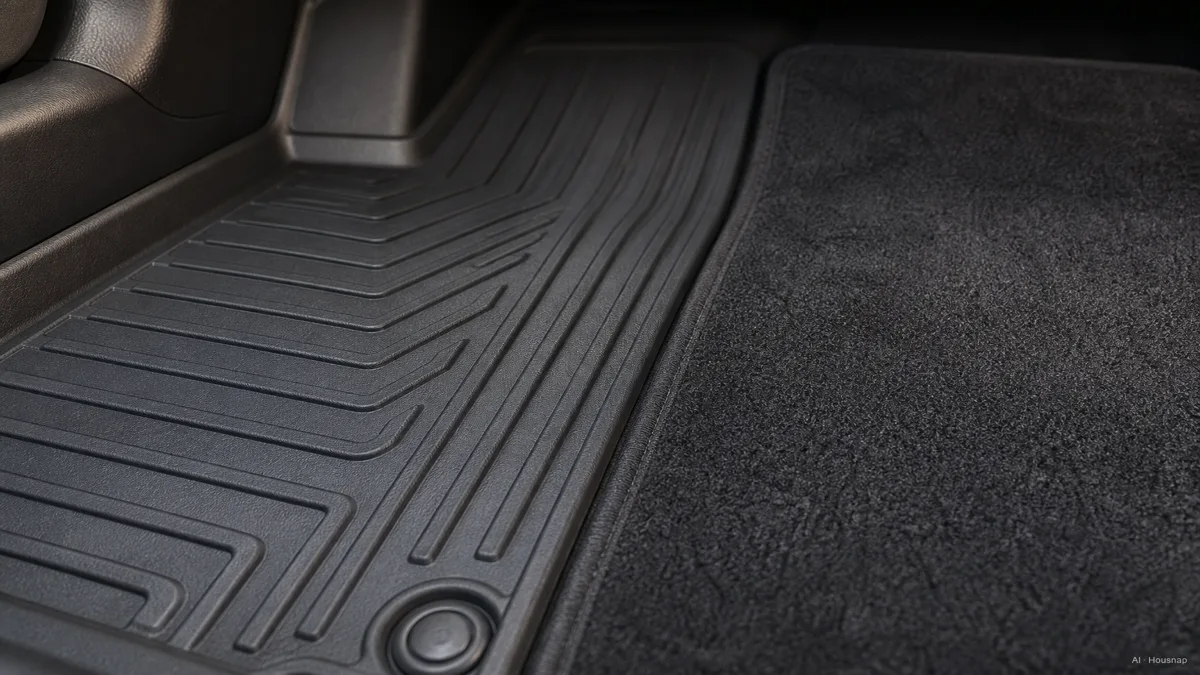 Image: A close-up split shot inside a car footwell comparing a textured black rubber or TPE floor mat with visible water-channeling grooves on one side and a plush charcoal carpet floor mat with velour-style fibers on the other, soft daylight, no visible brand logos — AI illustration