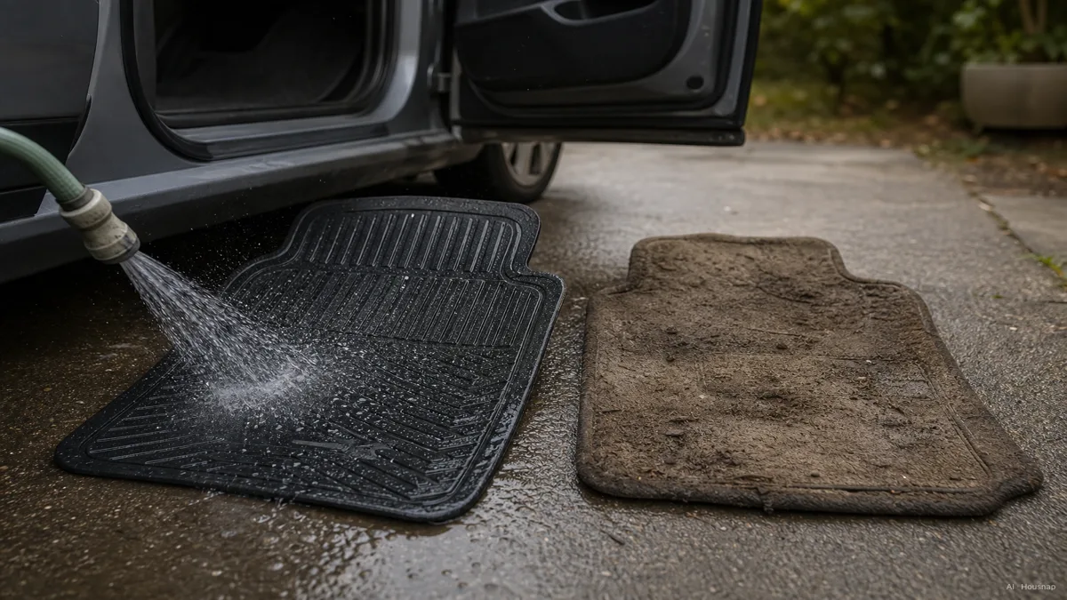 Image: A rubber car floor mat being rinsed clean with a garden hose next to a muddy, flattened carpet car floor mat showing visible wear, outdoor daylight beside an open car door, no visible brand logos — AI illustration