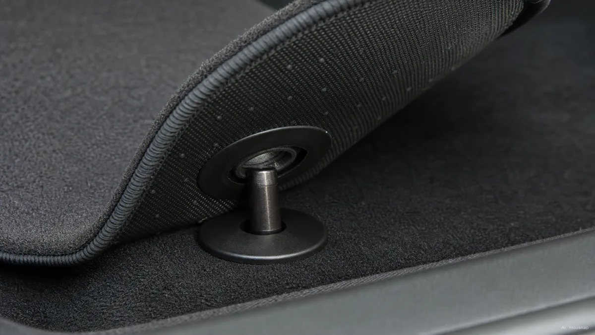 Image: A close-up of the underside of a car floor mat showing a metal anchor post clipped through a grommet hole to secure it against the vehicle's floor, safety-focused product detail shot, interior lighting, no visible brand logos — AI illustration