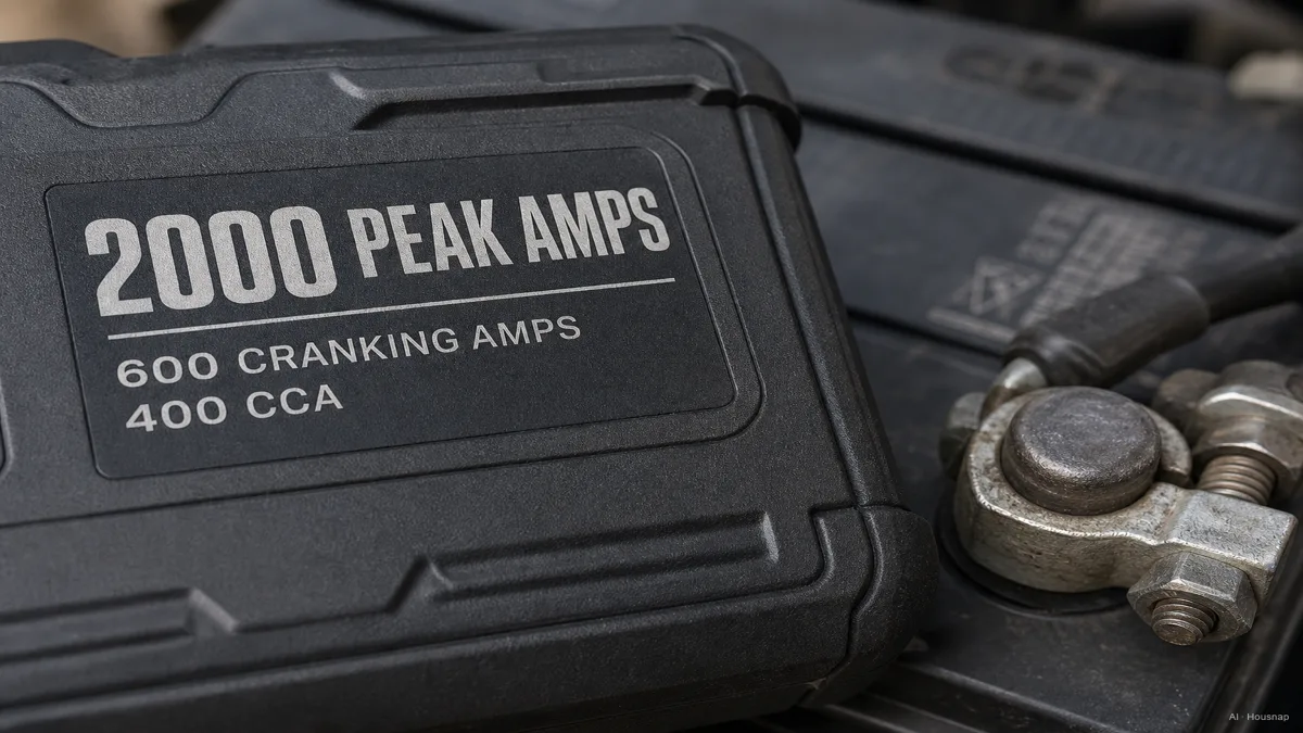 Image: a close-up product shot of a jump starter's spec label, the peak amp number printed large and bold, a smaller cranking amps and CCA number beneath it in fine print, next to a car battery terminal — AI illustration