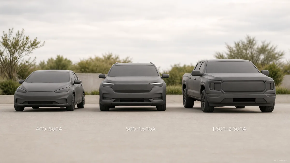 Image: three simple vehicle silhouettes side by side, a compact car, a mid-size SUV, and a pickup truck, each labeled with its rough peak-amp range — AI illustration