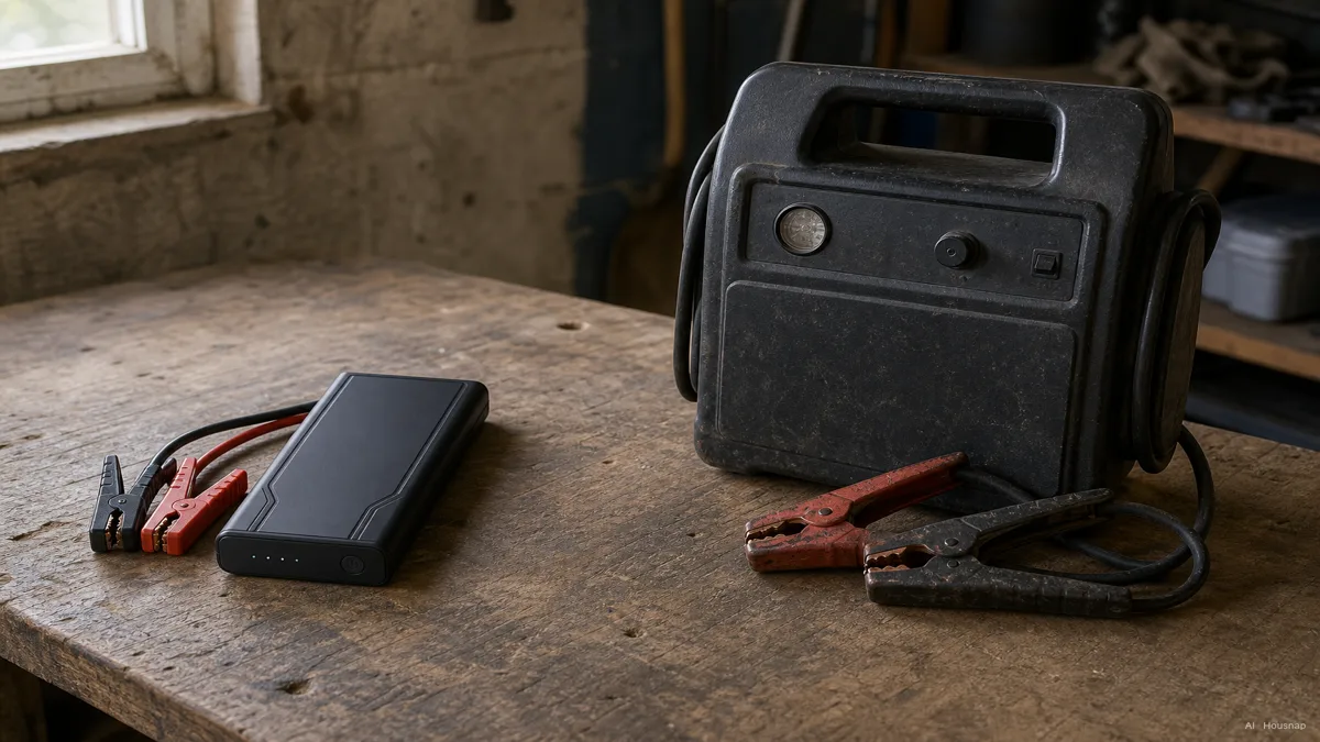 Image: two jump starters side by side on a workbench, a slim modern lithium-ion unit about the size of a paperback book next to a bulkier older-style lead-acid jump box with a carry handle, showing the size difference — AI illustration
