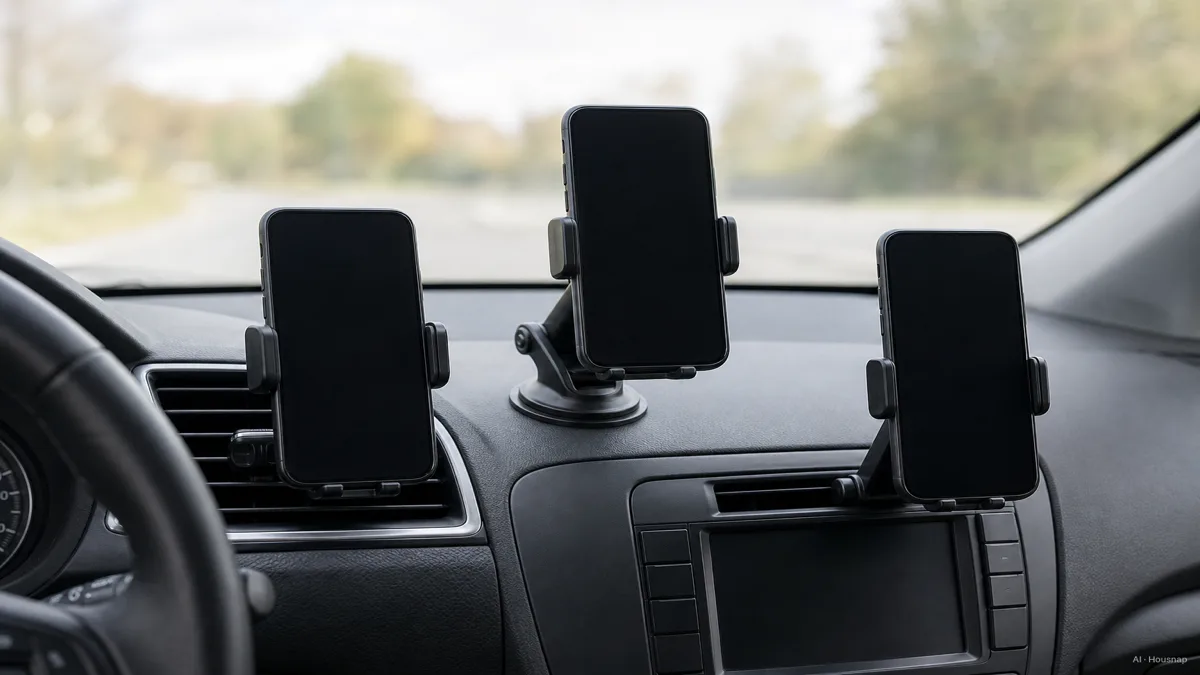 Image: A driver's-eye view of a car interior showing three phone mount types side by side, a vent clip mount, a suction cup dashboard mount, and a CD-slot mount, each holding an identical phone, soft daylight, no visible brand logos — AI illustration