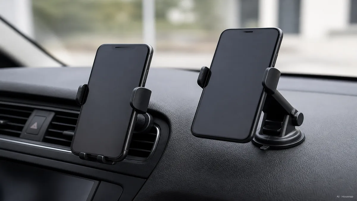 Image: A close-up comparison of a phone mount clipped onto a car air vent next to a suction cup mount pressed onto a dashboard, both holding phones at a similar eye-level angle, interior daylight, no visible brand logos — AI illustration