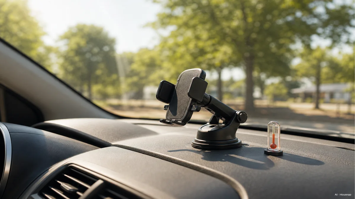 Image: A dashboard suction cup phone mount shown in bright summer sunlight streaming through a windshield, condensation-free glass, a small thermometer-style visual cue suggesting heat, no visible brand logos — AI illustration