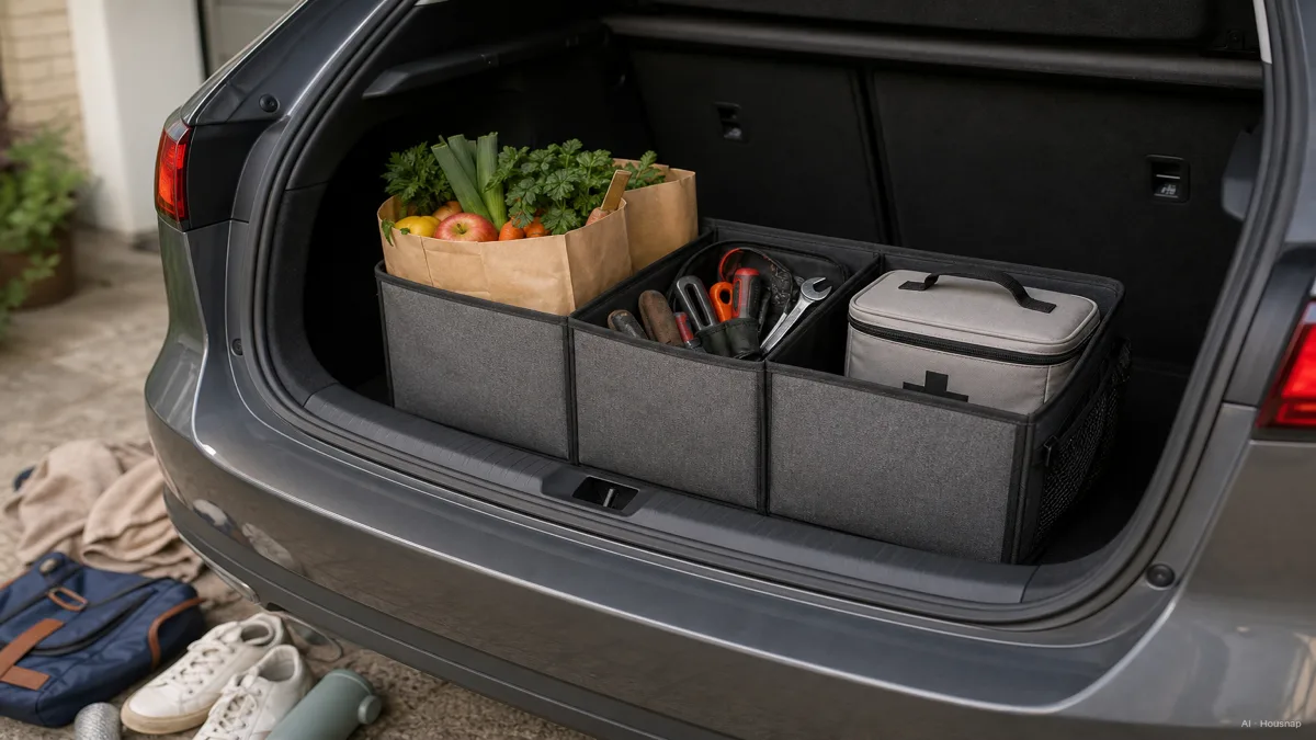 Image: an open car trunk with a fabric trunk organizer inside holding neatly separated grocery bags, tools, and a first aid kit, contrasted with visible loose clutter just outside the frame — AI illustration