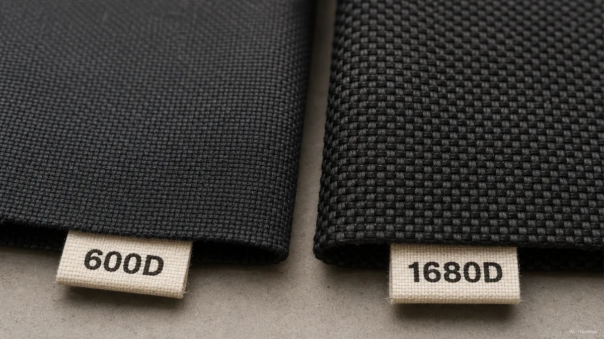 Image: a close-up comparison of two Oxford fabric swatches side by side, one visibly finer weave labeled 600D, one visibly thicker and denser weave labeled 1680D, both under raking light that shows the weave texture — AI illustration