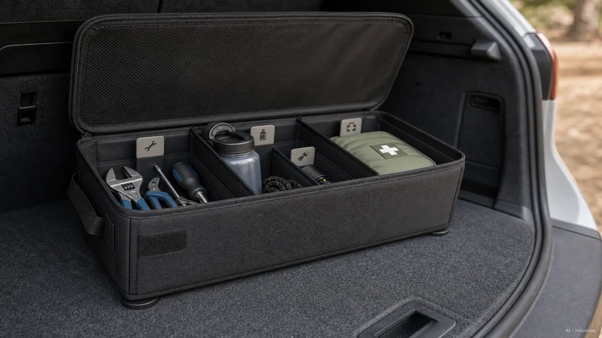 Image: a car trunk organizer with an open lid showing labeled dividers holding tools, a water bottle, and a small first aid kit, with visible rubber non-slip feet at the base against the trunk carpet — AI illustration