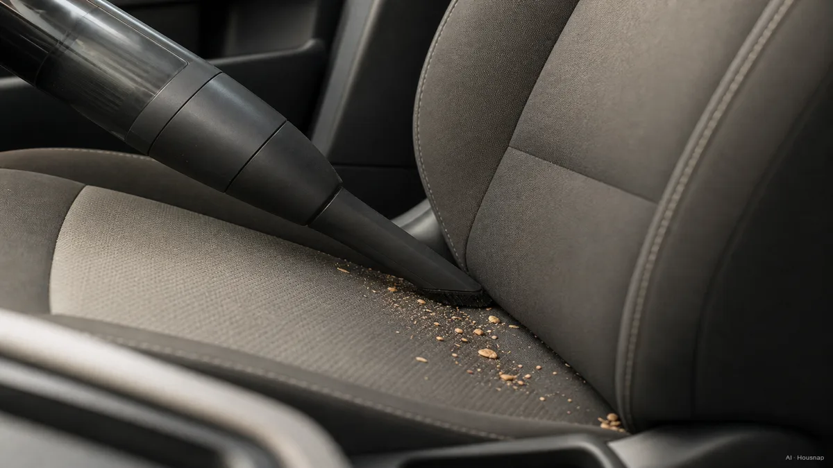 Image: a tidy car interior mid-cleaning, a handheld vacuum nozzle reaching into the seam between the seat cushion and backrest, a small pile of debris visible on the seat before the pass — AI illustration