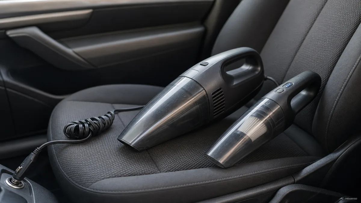 Image: two car vacuums side by side on a car seat, one with a coiled cord running toward a 12V outlet, the other a compact cordless handheld with a visible battery indicator light — AI illustration