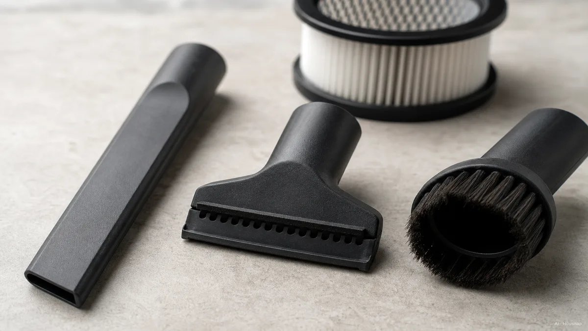 Image: a close-up of car vacuum attachments laid out next to each other, a narrow crevice tool, a small rubber pet-hair brush, and a round dusting brush, with a washable filter visible in the background — AI illustration