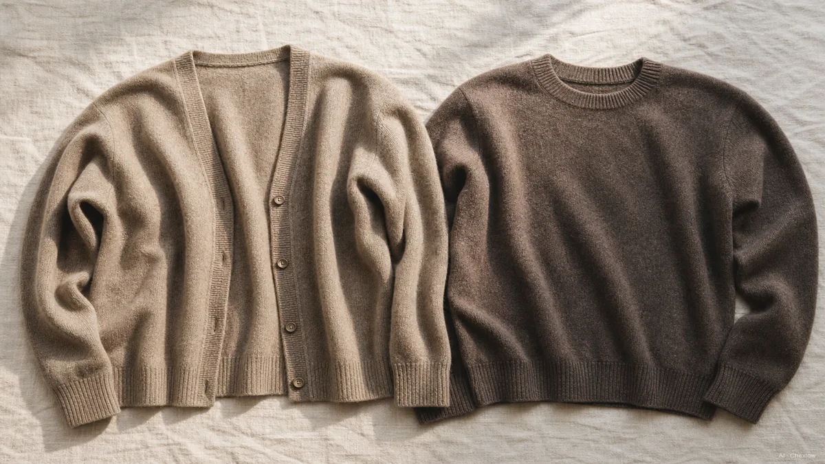 Image: a cardigan and a pullover laid flat side by side on a pale linen surface in soft daylight, the cardigan open down the front with buttons visible, the pullover closed with a clean ribbed neckline, showing the single structural difference (AI generated illustration)